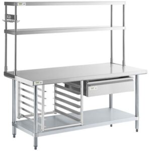 steel table with upper shelf and racks Steel Work Table with Upper Shelf, Drawers and Racks