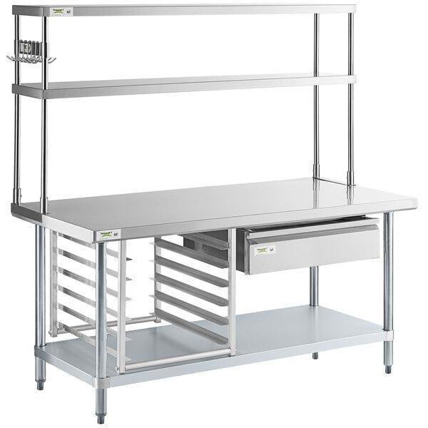 steel table with upper shelf and racks Steel Work Table with Upper Shelf, Drawers and Racks
